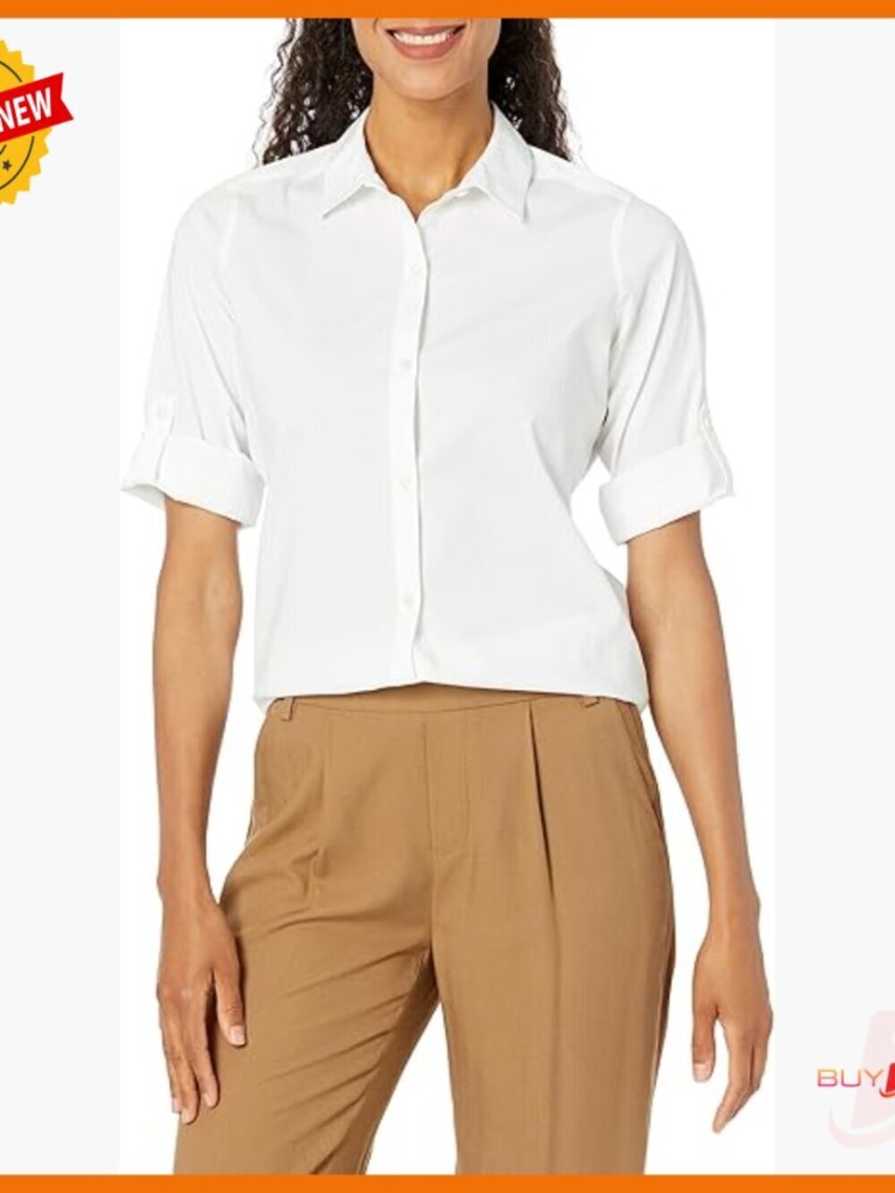 White 3/4 Sleeve Button Down Shirt with Roll Tab Regular Fit Cotton Blend